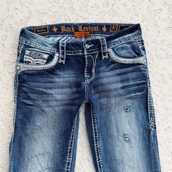Rock Revival Jeans Women Size 27 Sequins Distressed Rhinestone Thick Stitch blue - Picture 9 of 10